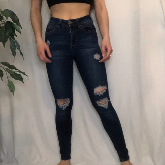 Ripped Skinny Dark Wash Jeans - Picture 3 of 10